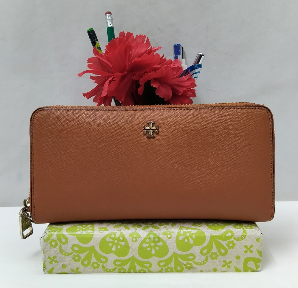 Tory Burch Brown Leather Zip Around Credit Card Wallet
